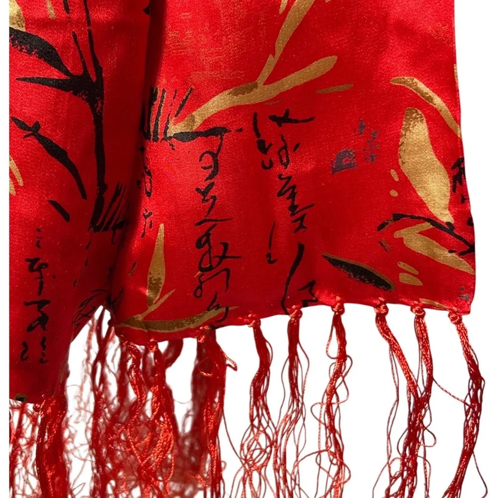 Bamboo Calligraphy Print‎ 100% Silk Fringe Wrap Scarf Red Gold Black 58